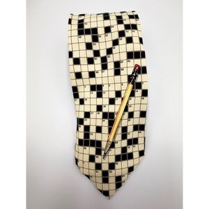 Utopia Mens Silk Crossword Puzzle Necktie Cream Black Novelty Pencil Print Tie